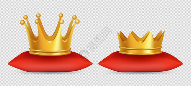 现实的金冠红色枕头上的矢量王冠和后隔绝在透明背景上金冠3d王皇加冕现实的金冠红色枕头上的矢量王和冠透明背景上隔离在透明背景上图片