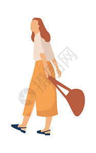 现代卡通女人物在公园散步女孩穿着裙子和带包的上衣在户外行走时装混合休闲活动矢量单插图穿裙子和上衣在户外行走时装结合休闲活动图片