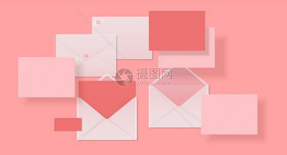 现实型信封纸或板3D模型设计带有影子和角效应的公司品牌模板开信和闭带有复制空间的粉色明信片矢量孤立装置开信和近带有复制空间的粉色图片