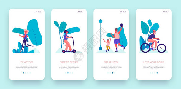 机上运动屏幕移应用程序卡通培训概念移动应用程序页面Trendy移动应用程序UI配有卡通字符锻炼活动矢量人跑骑摩托车自行玩运动游戏图片