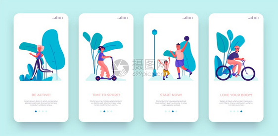 机上运动屏幕移应用程序卡通培训概念移动应用程序页面Trendy移动应用程序UI配有卡通字符锻炼活动矢量人跑骑摩托车自行玩运动游戏图片