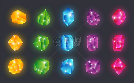卡通宝石闪亮的珠粉红绿色黄和蓝钻石装饰元素收集清晰的玻璃精华神奇物品计算机电子游戏的矢量晶体黄色和蓝钻石装饰元素光亮的玻璃精华计图片