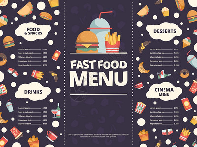 快速食品菜单餐厅设计模板配有快餐图片的厅菜单设计模板汉堡冷饮甜圈披萨矢量午餐菜单汉堡和苏打饮料比萨快速食品菜单设计模板汉堡冷饮甜图片