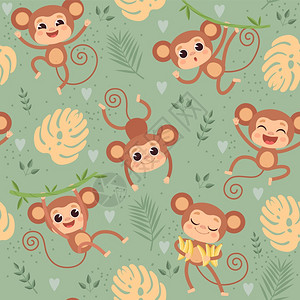 猴子模式野生小动物黑猩在丛林树纺织品设计项目矢量无缝卡通背景上玩耍猴子黑猩模式灵长类人品说明猴子模式野生小动物黑猩模式野生小动物图片