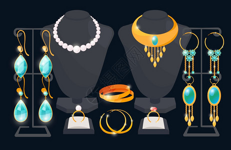 金珍珠珠宝店窗口矢量概念送货和项链昂贵的戒指和从属奢侈项链说明珠宝店窗口矢量概念插画