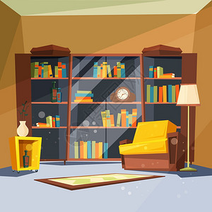 在客厅内有书房和有家庭图馆的公寓有家庭图书馆的架子供阅读病媒图片用书架和扶手椅内部图书馆带籍的房间用家庭图书馆的架子在客厅内有家图片