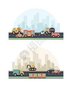 城市车辆建筑和不同燃料机道路有色病媒平板城市背景道路机器行业说明图片