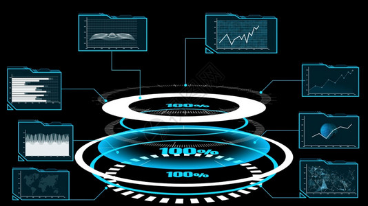 未来用户界面仪表板用于在信息图表中分析大数据HUDGUI文本数字技术概念的图形元素3D插图图片