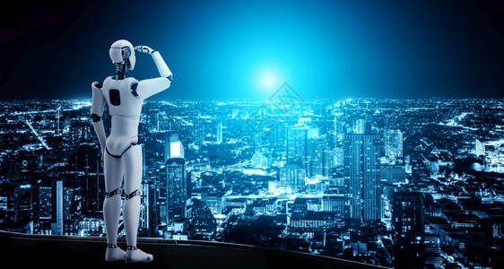 3D说明机器人类展望城市景象天线未来发展人工智能AI的领导力思想和愿景概念图片