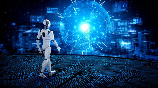 3D将机器人造体在科幻想世界中产生AI思想的大脑和机器学习过程的概念第四次工业革命图片