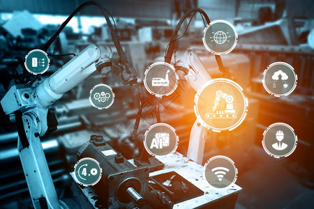 40技术概念第四次工业革命智能厂图示显自动化系统使用机器人和通过互联网络控制的自动机械图片