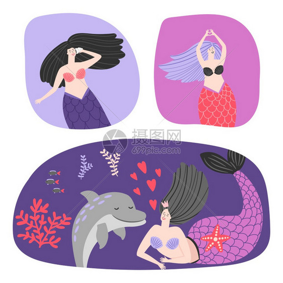 美人鱼海豚插画图片