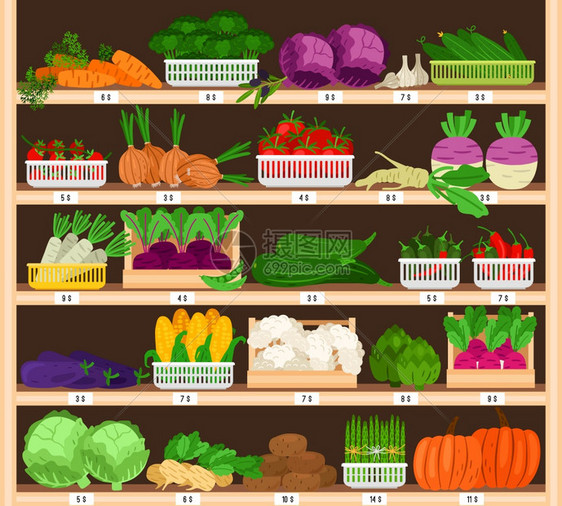 蔬菜在货架上销售蔬菜在价格上市场生态超成熟健康有机杂货销售番茄和南瓜大蒜玉米病媒说明蔬菜在价格上市场大蒜和玉米图片