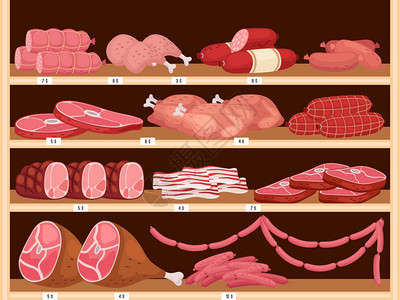 肉架上的新鲜香肠猪肉火腿和店里各种架上的新鲜香肠猪肉火腿和店里各种牛图片