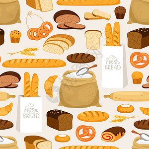 面包无缝模式木制面包产品和糕点耳朵面粉包蜜蜂矢量背景面包无缝模式木制面包产品和糕点耳朵面粉包矢量背景图片