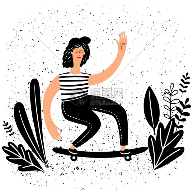 年轻女孩玩滑板矢量插画