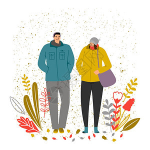 秋季时间矢量图男女角色秋季情绪男女在秋季公园散步图片