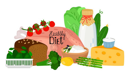 健康饮食病媒概念健康食物说明卡通面包鳄梨奶酪鸡健康饮食概念图片