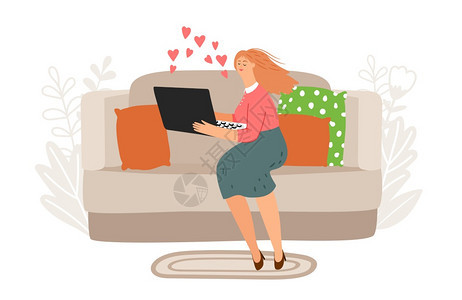 在线聊天视频矢量插图沙发上有笔记本的妇女在线约会概念远程搜索日期在线视频聊天矢量插图图片