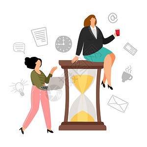 平板商业女人及其秘书坐在沙漏上的妇女生产力矢量说明时间管理概念图片