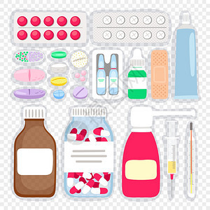 卡通药品和丸医疗用品病媒说明药片和氨糖浆瓶咳嗽剂用于流感和冷药病媒说明图片