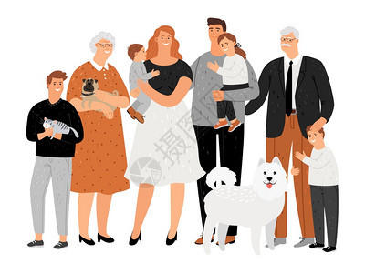 卡通家庭肖像矢量插图老年人祖父母和成年轻儿子和女猫狗一起快乐的长辈图片
