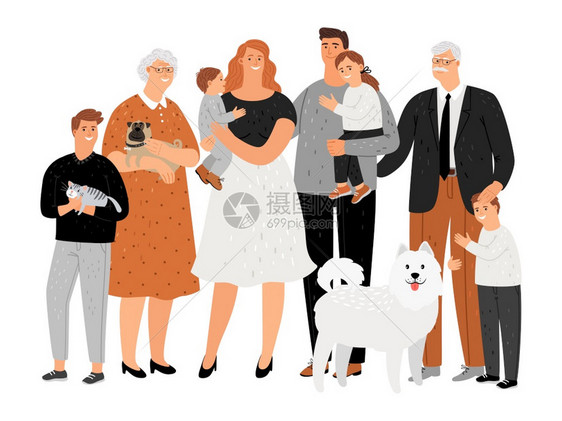 卡通家庭肖像矢量插图老年人祖父母和成年轻儿子和女猫狗一起快乐的长辈图片
