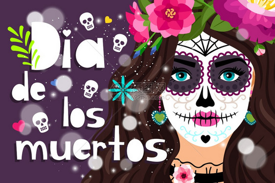 DiadelosMuertos西班牙死者日传统的墨西哥人节彩色海报配有女孩头骨矢量插图图片