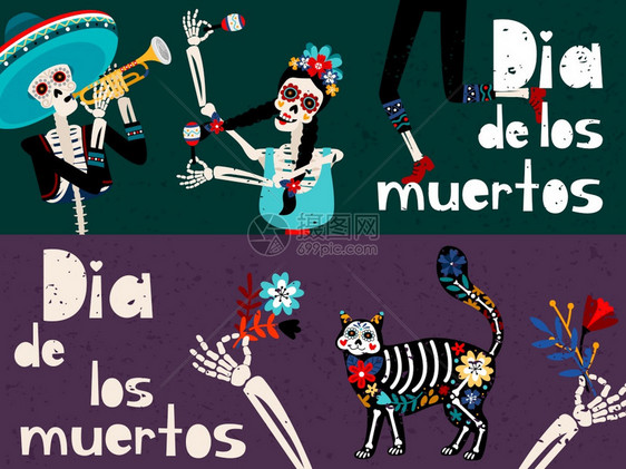 DiadelosMuertos公寓式矢量贺卡模板墨西哥和班牙传统的节日庆祝标语布局收藏政党邀请卡通设计包日者贺卡模板公寓式矢量贺图片