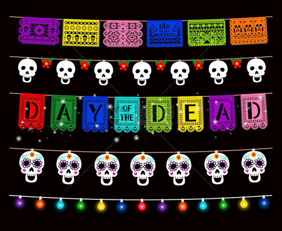 日政党装饰品传统园地孤立包亮色灯糖头挂在弦设计元素上墨西哥传统假日剪辑图片