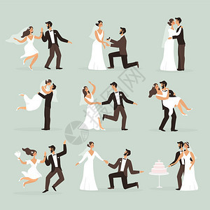 新娘和郎结婚夫妇在各种姿势跳舞和吻拥抱切蛋糕结婚仪式场景收集男女在爱的矢量平坦卡通孤立时态人物组合新娘和郎结婚夫妇在各种姿势跳舞图片