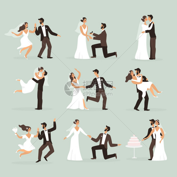 新娘和郎结婚夫妇在各种姿势跳舞和吻拥抱切蛋糕结婚仪式场景收集男女