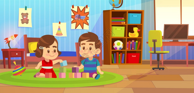 家庭托儿所具幼园或学龄前概念的固定卡通矢量插图儿童在游戏室里玩具