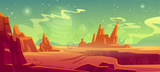 火星地貌红色外行背景沙漠地表山脉岩石深裂和星在绿色天空中闪耀火星外的计算机游戏背景卡通矢量图火星地貌外行火背景图片
