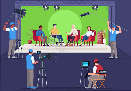 访谈设置半平板矢量插图询问题与轮椅上的男人互交谈电视节目创建Chromakey背景2D用于商业途的字符布景访谈设置半平板矢量插图背景图片