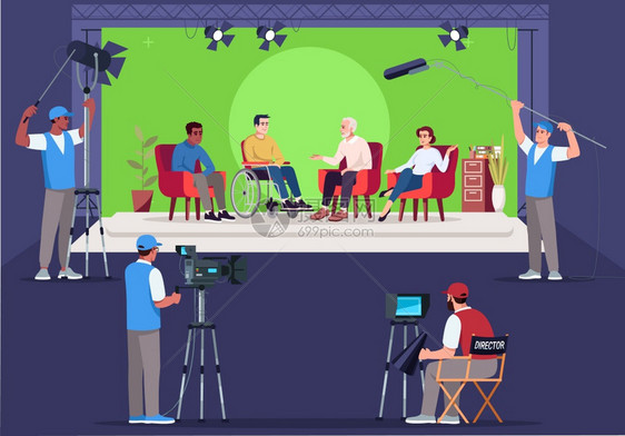访谈设置半平板矢量插图询问题与轮椅上的男人互交谈电视节目创建Chromakey背景2D用于商业途的字符布景访谈设置半平板矢量插图图片