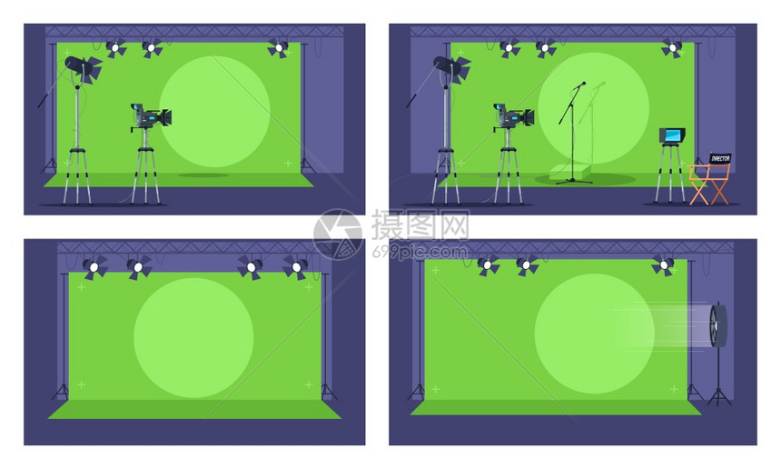 绿屏半平板矢量插图集未来电影创作区收藏动画胶片制作专业设备特别效果2D卡通刻图集供商业使用绿屏半平板矢量图集图片