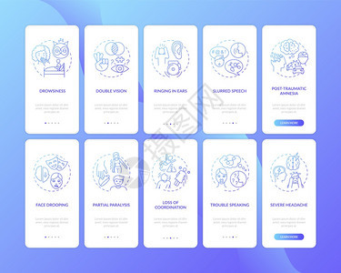 神经病在手机应用程序页面屏幕上标记蓝色梯度并设定概念脑健康护理通过5步图形指示带有RGB颜色插图的UI矢量模板神经病在手机应用程图片