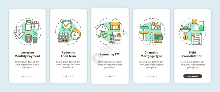 使用带有概念的移动应用程序页面屏幕上登入移动应用程序页面屏幕上的再融资福利抵押贷款降低支付率取消PMI行走5步图形指示配有RGB背景图片