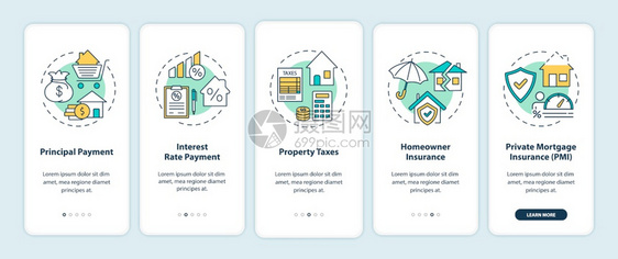 在装有概念的移动应用程序页面屏幕上登入移动应用程序页面屏幕上的按揭付款内容本金财产税横穿5步图形指示配有RGB彩色插图的UI矢量图片