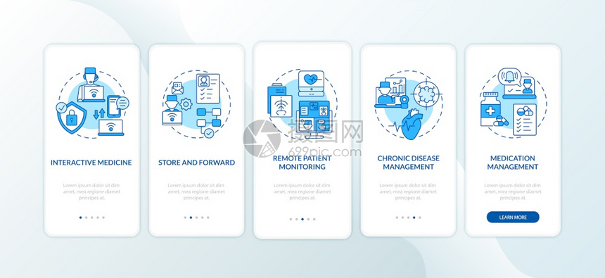 具有概念的远程医疗服务在手机应用程序页面屏幕上登机的种类具有概念的互联网医学横穿5步图示说明带有RGB颜色插图的UI病媒模板带有图片