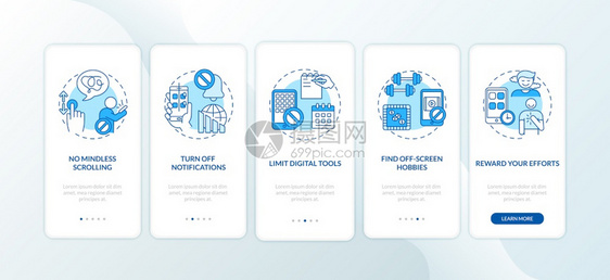 与手机应用程序页面屏幕上带有概念的屏幕上成瘾作斗争Mutining奖励努力横跨5步图形指示UI矢量模板配有RGB彩色插图与手机应图片
