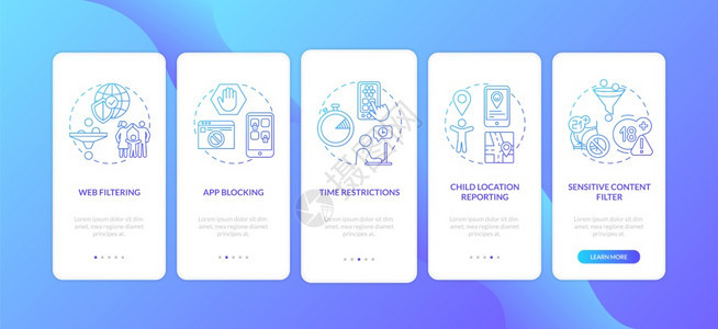 带概念的移动应用程序页面屏幕上登机的家长控制软件时间位置报告走过5步图形指示带有RGB颜色插图的UI矢量模板带概念的移动应用程序图片
