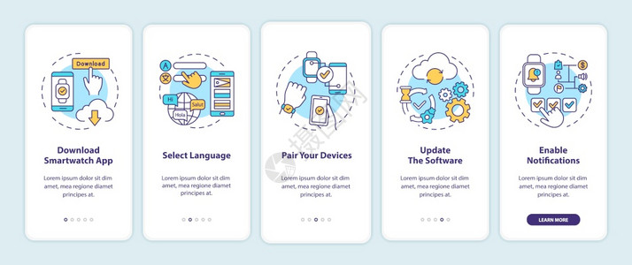 带有概念的移动应用程序页面屏幕上智能监视设置提示下载选择语言更新行走5步图形指示配有RGB颜色插图的UI矢量模板配有概念的移动应图片