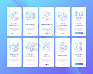 使用设置概念的移动应用程序页面屏幕上智能监视设置提示下载GPS位置更新行走5步图形指示配有RGB颜色插图的UI矢量模板配置概念集图片