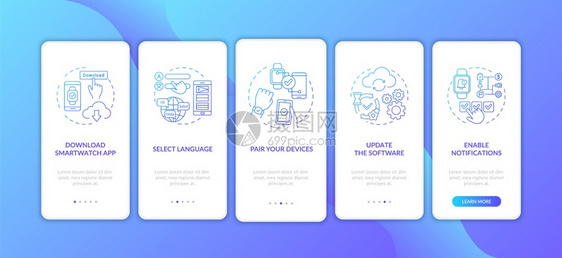 Smartwatch安装提示上载带有概念的移动应用程序页面屏幕上语言选择更新软件行走5步图形指示配有RGB颜色插图的UI矢量模板图片