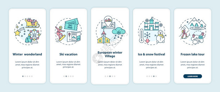 冬季度假地点在带有概念的移动应用程序页面屏幕上登冬季奇幻乐园滑雪度假步行5图形指示配有RGB颜色插图的UI矢量模板带概念的冬季度图片