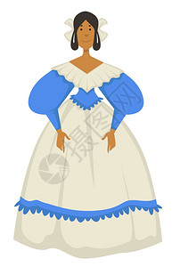 Biedermeier风格女球袍德国古代时尚孤立的女格矢量旧衣服着和发型公主礼服或比德米尔风格古代时尚图片