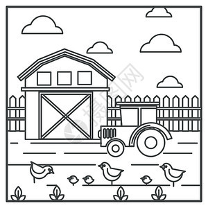 黑白线稿农村畜牧业矢量插画图片