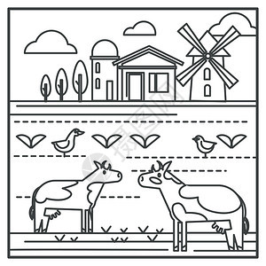 黑白线稿农村畜牧业矢量插画背景图片